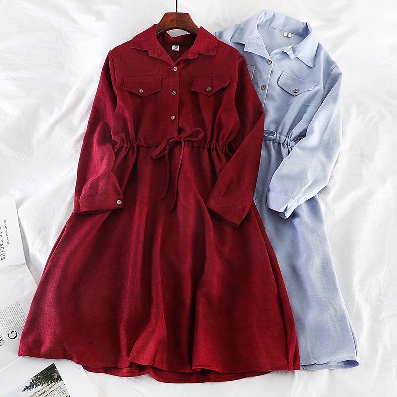 YuooMuoo Vintage Pockets Design Women Shirt Dress 2021 Autumn Winter Drawstring A Line Midi Dress Elegant Ladies Office Dresses