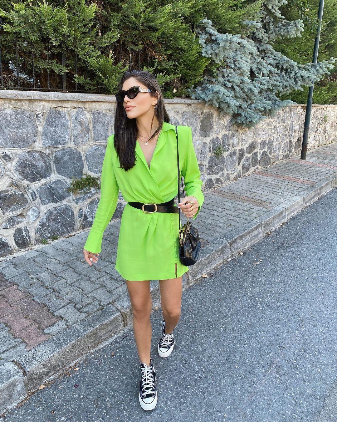 2021 Summer Shirt Dress Women Long Sleeves Casual Fashion Chic Lady Light Green Short Dress Za Women