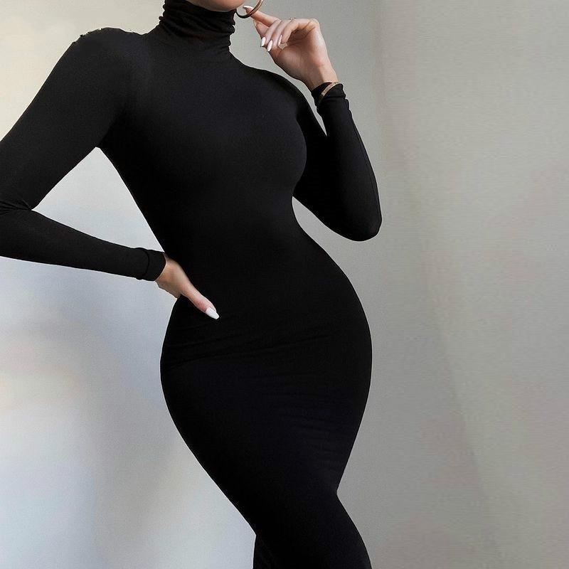 Turtleneck Long Dress Autumn Winter Muslim Elegant Office Lady Skinny Long Sleeve Bodycon Casual Dress Women Midi Clubwear GV464