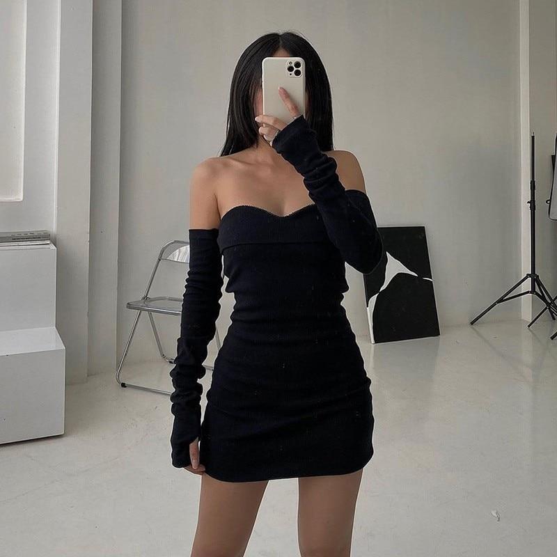 Vintage Gothic Sexy Tube Top Women Dresses Off Shoulder Gloves Streetwear Party Dress Outfits Elegant Women Clothing Mini Dress