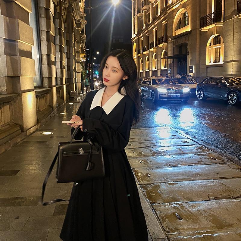 Elegant Black Midi Shirt Dress Women Gothic One Piece Dress Korean Fashion Y2k Vintage Trench Dress Office Lady Autumn 2021 Chic
