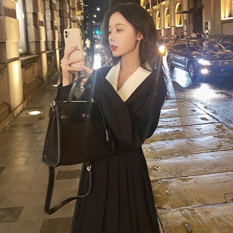 Elegant Black Midi Shirt Dress Women Gothic One Piece Dress Korean Fashion Y2k Vintage Trench Dress Office Lady Autumn 2021 Chic