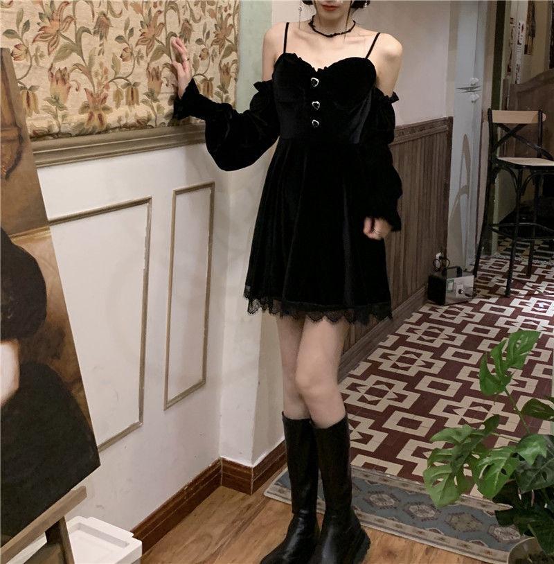 Gothic Black Velvet Dress Evening Party Long Sleeve Y2k Mini Dress Women Vintage Elegant One Piece Dress Korean 2021 Autumn