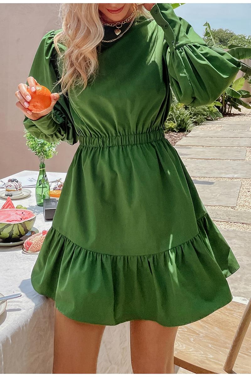 BerryGo College style lantern sleeves ruffled women dress green Elegant A-line elastic waist mini dress Female solid vestidos