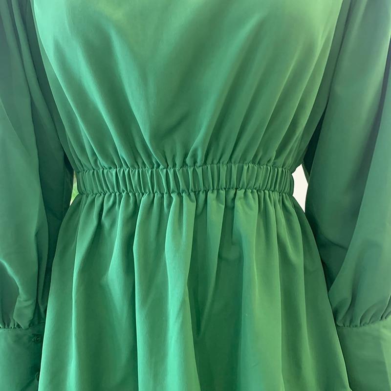 BerryGo College style lantern sleeves ruffled women dress green Elegant A-line elastic waist mini dress Female solid vestidos