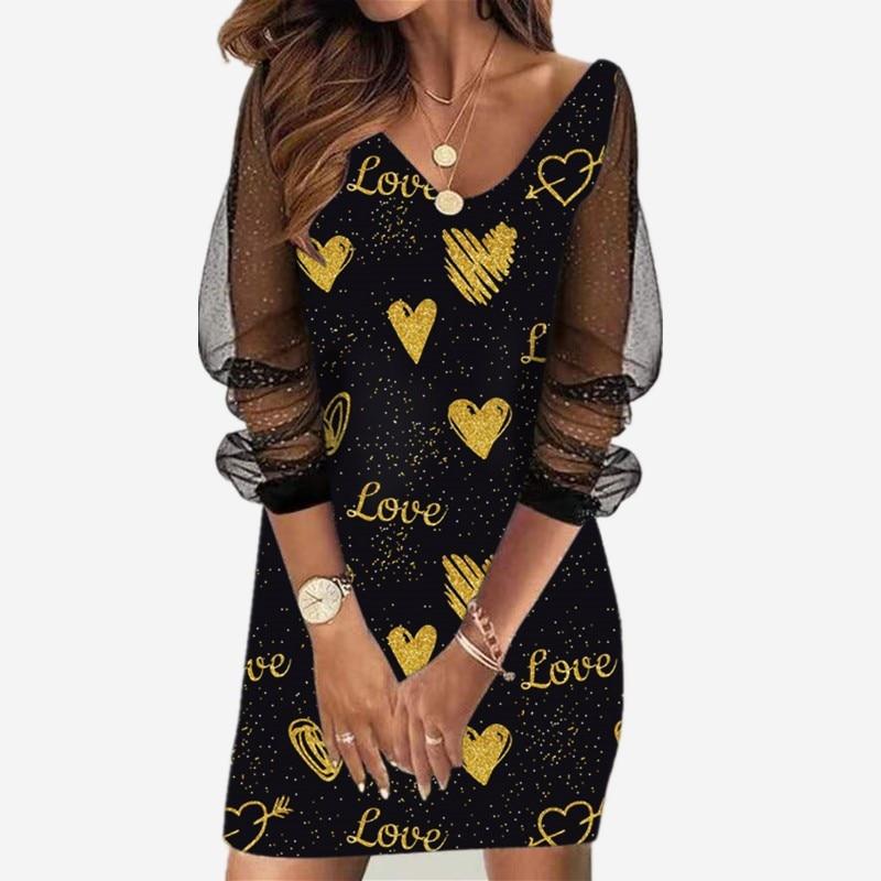 Spring Summer Woman's New Fashion Print Sequin Mesh Long Sleeve Dresses Print Love Flower Women Sexy Hollow Party Dresses 2022