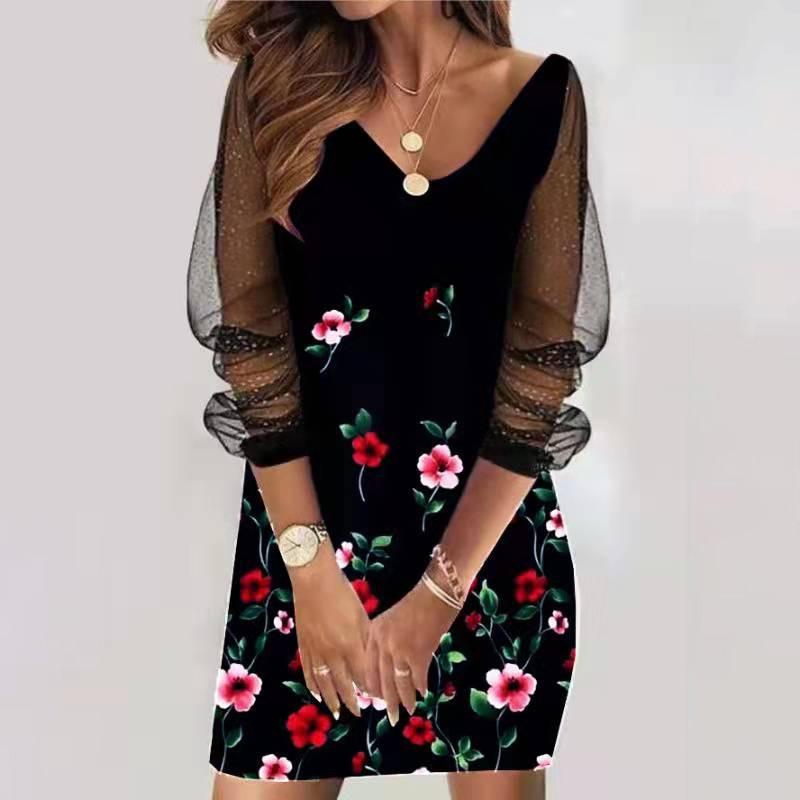 Spring Summer Woman's New Fashion Print Sequin Mesh Long Sleeve Dresses Print Love Flower Women Sexy Hollow Party Dresses 2022