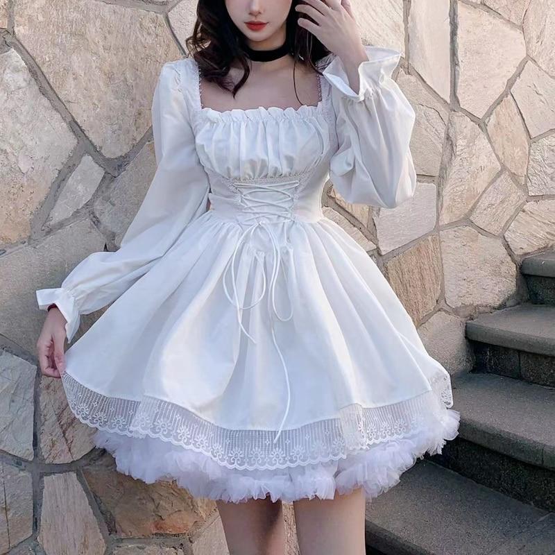 Lolita Dress Party Evening Women Vintage Lace Y2k Mini Dress Female Kawaii Clothing 2021 Spring One Piece Dress Korea White