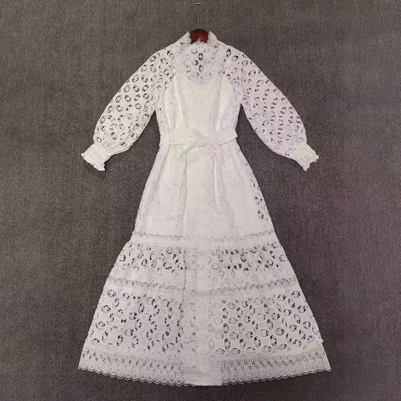 VGH Vintage Patchwork Lace Dress For Women V Neck Long Sleeve High Waist Black Hollow Out Dresses Female Fashion New Clothing