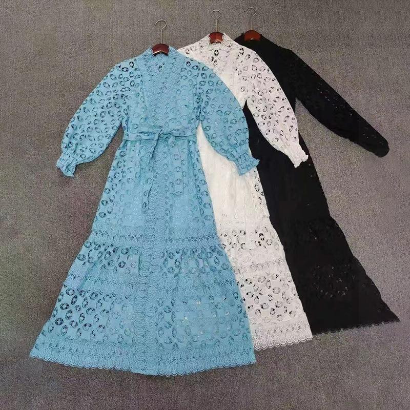 VGH Vintage Patchwork Lace Dress For Women V Neck Long Sleeve High Waist Black Hollow Out Dresses Female Fashion New Clothing