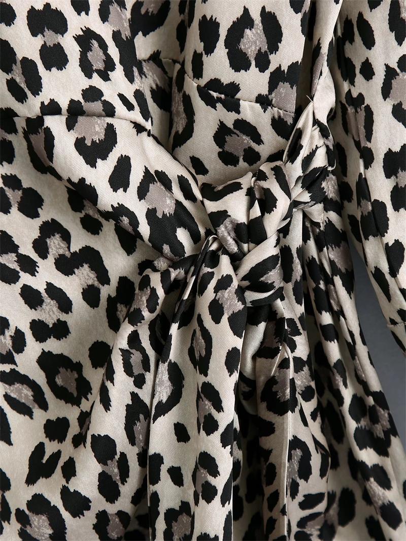 Za Leopard Print Wrap Mini Dress Women Long Sleeve Tied Pareo Vintage Dresses Feminino Chic Female Ruching Animal Print Vestidos