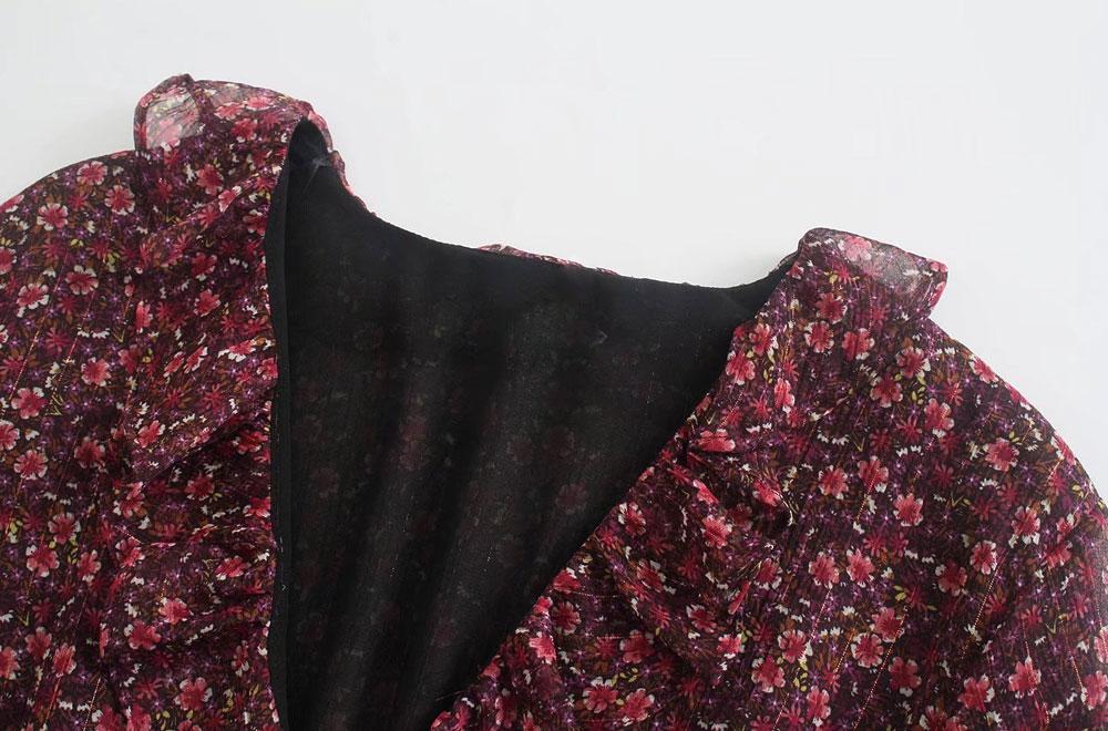 TRAF Za Women Fashion Printed Metallic Thread Ruffled Mini Dress Vintage Long Sleeve Smocked Waist Female Dresses Vestidos