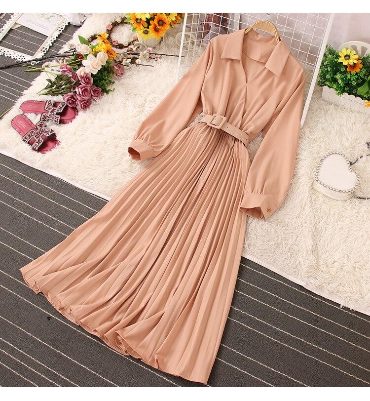 Fitaylor New Spring Autumn Women Casual V-neck Dress with Belt Office Lady Solid Color High Waist A-line Long Pleated Dress