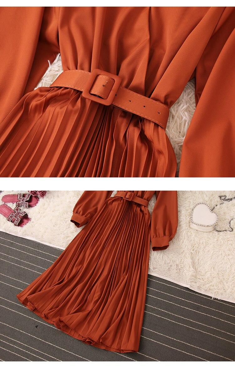 Fitaylor New Spring Autumn Women Casual V-neck Dress with Belt Office Lady Solid Color High Waist A-line Long Pleated Dress