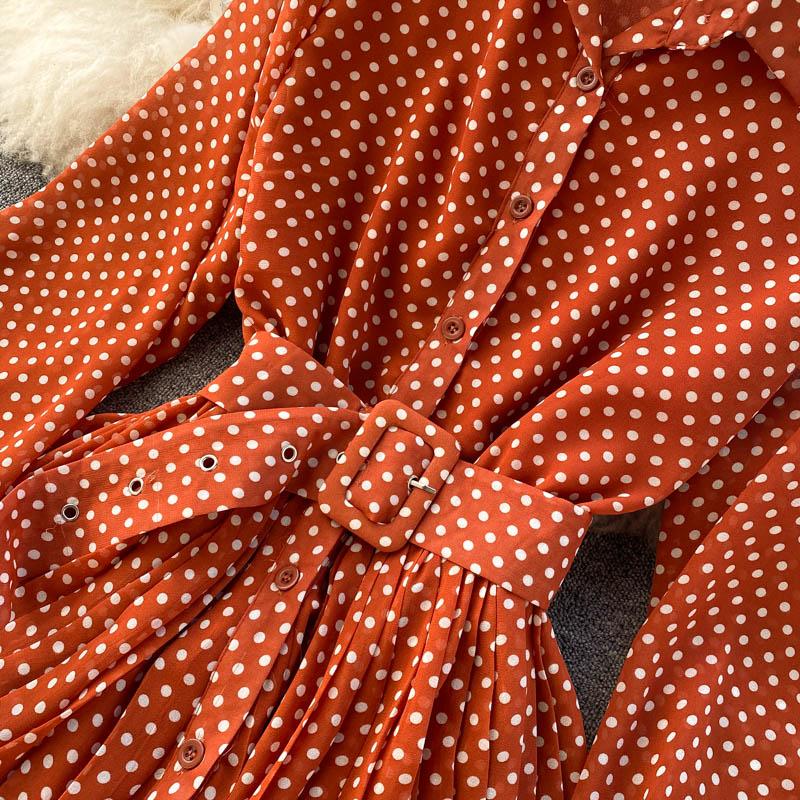 Croysier Dresses For Women Office Lady Long Sleeve Shirt Dress Vintage Elegant Polka Dot Chiffon Pleated Midi Dress With Belt