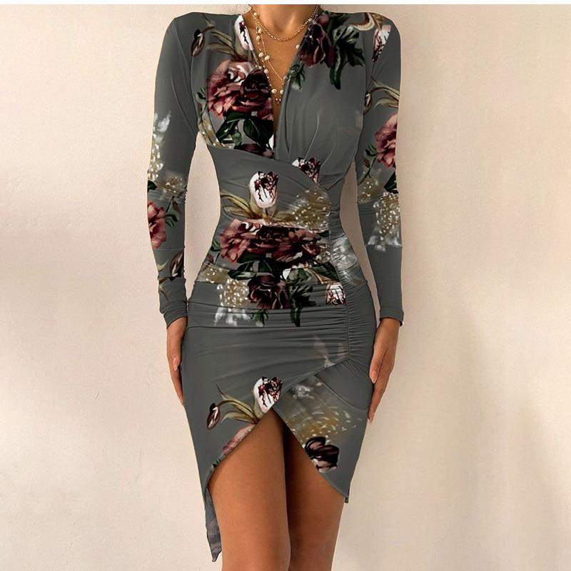 Sexy Bodycon Dress Fashion Casual Black Print Package Hips V-neck Long Sleeve Elegant Party Mini Dresses For Women Robe Femme