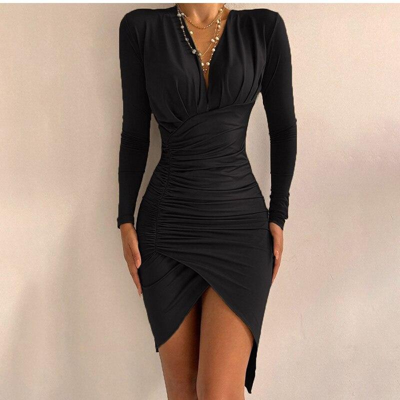 Sexy Bodycon Dress Fashion Casual Black Print Package Hips V-neck Long Sleeve Elegant Party Mini Dresses For Women Robe Femme