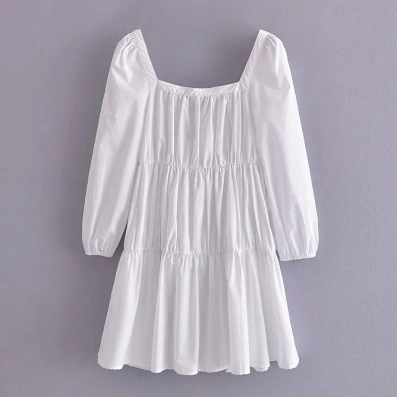 Aachoae Women Elegant White Mini Dresses Long Sleeve Chic Buttons Dress Female Casual Square Collar Cotton Pleated Dress