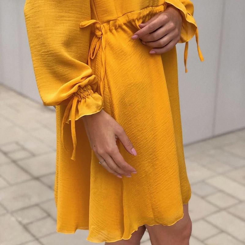 Women Casual Drawstring Loose Cute Mini Dress Color Bright Yellow Dress Butterfly Sleeve Autumn Spring Holiday Dress Vestidos