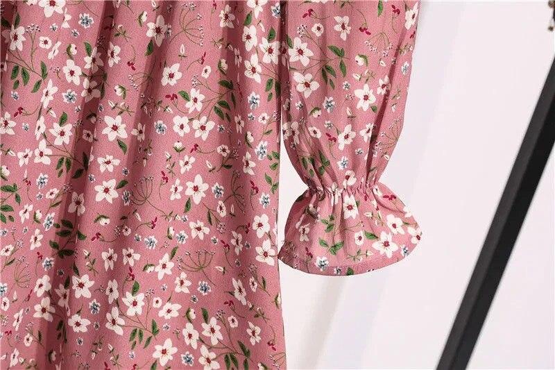 Women Summer Dress Lady Korean Style Casual Vintage Floral Printed Chiffon Shirt Dress Long Sleeve Bow Midi Summer Dress Vestido