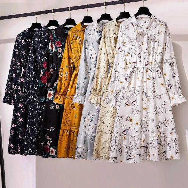 Women Summer Dress Lady Korean Style Casual Vintage Floral Printed Chiffon Shirt Dress Long Sleeve Bow Midi Summer Dress Vestido