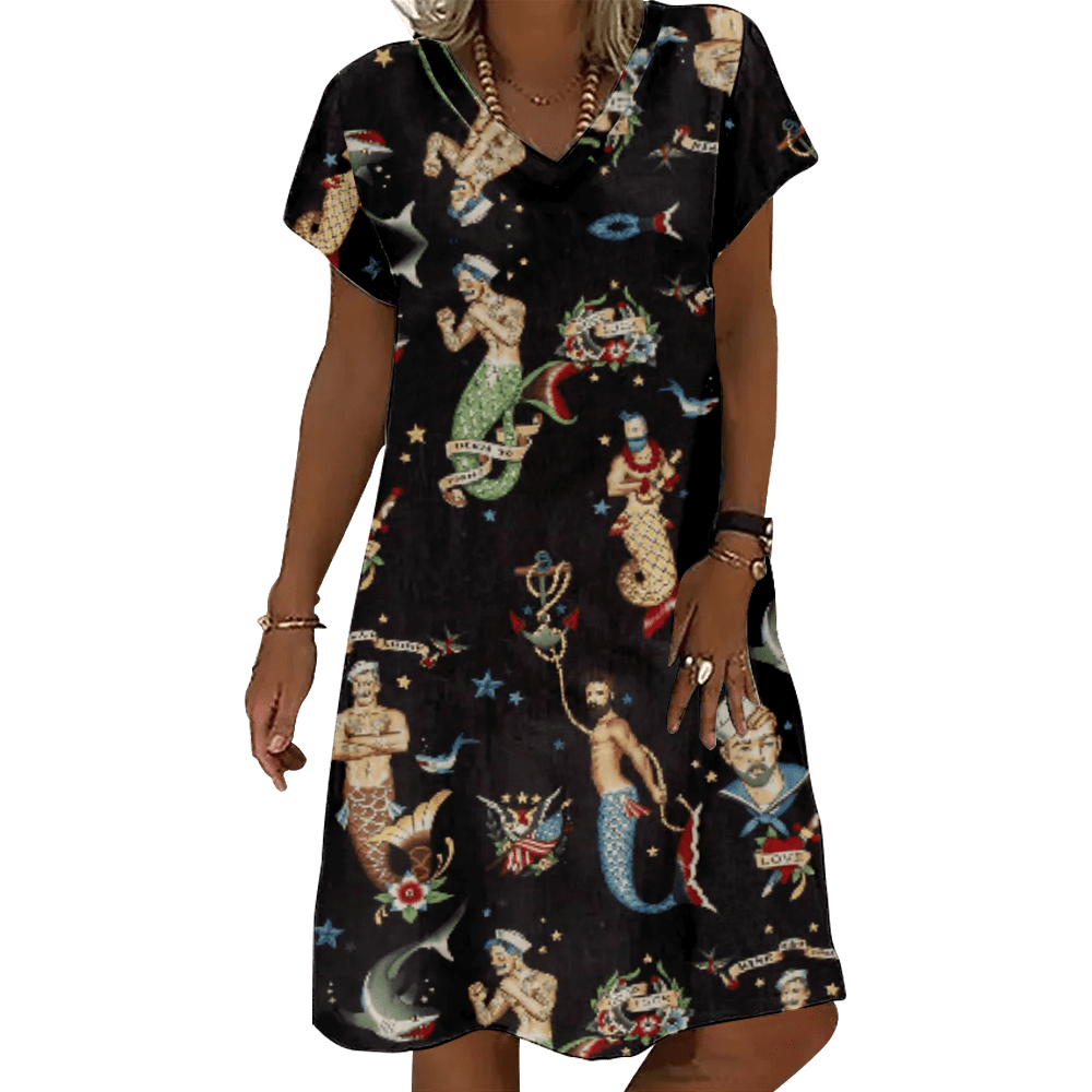 Women Fashion Summer Loose Beach Dress Vintage Printing A-Line Party Dress Ladies Casual Elegant V-Neck Tank Dress 6XL