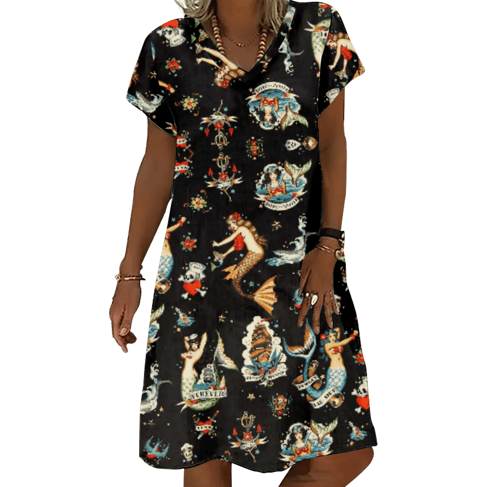 Women Fashion Summer Loose Beach Dress Vintage Printing A-Line Party Dress Ladies Casual Elegant V-Neck Tank Dress 6XL