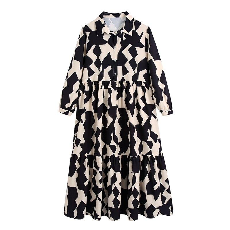 Tangada 2021 Fashion Women Geometry Print Shirt Dress Vintage Long Sleeve Office Ladies Midi Dress BE984