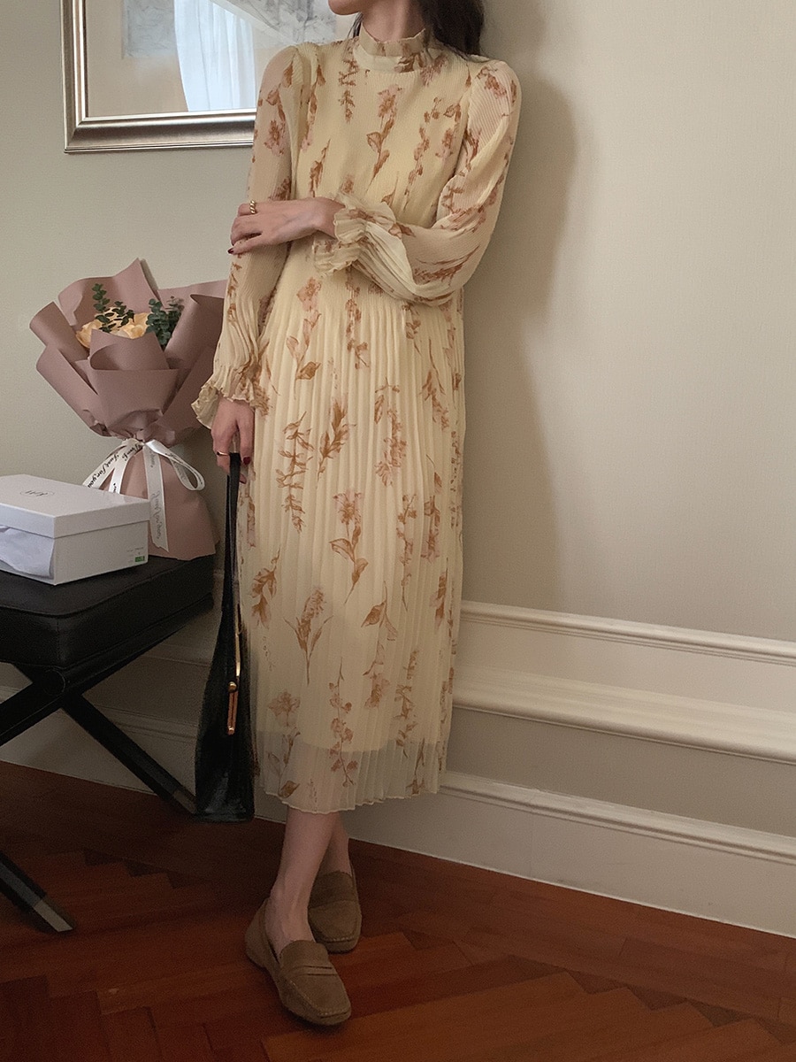 Women's Spring Chiffon Casual Midi Dress Long Sleeve Elegant Floral Print Vestidos Femme Fashion Pleated Vintage Clothings