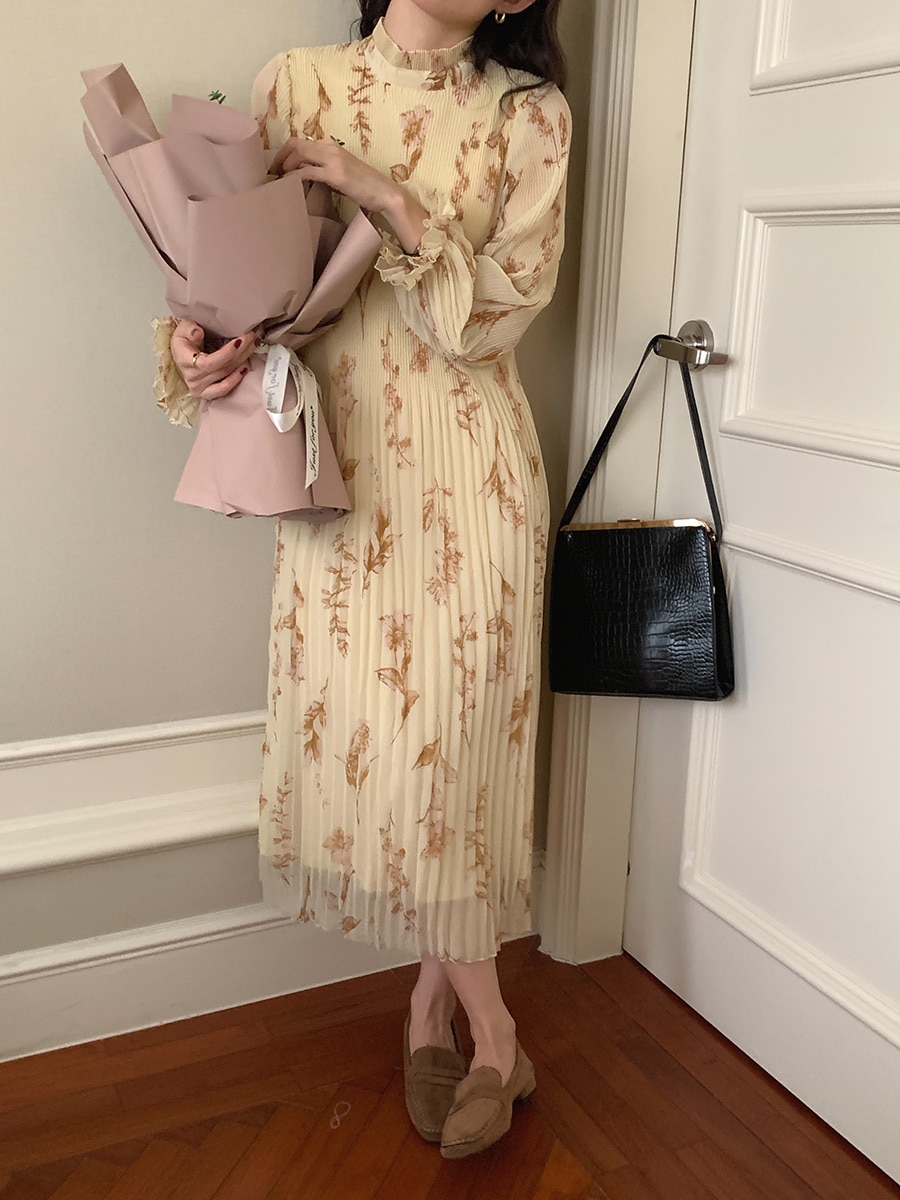 Women's Spring Chiffon Casual Midi Dress Long Sleeve Elegant Floral Print Vestidos Femme Fashion Pleated Vintage Clothings