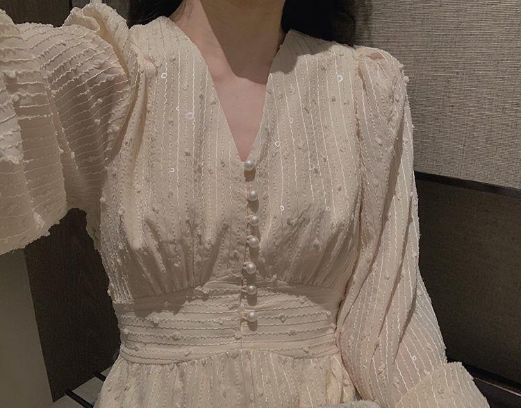 Vintage French Puff Sleeve Midi Dresses for Women Party Korean Sequins Dress Elegant Fairy Wedding Female Clothes Autumn 2021