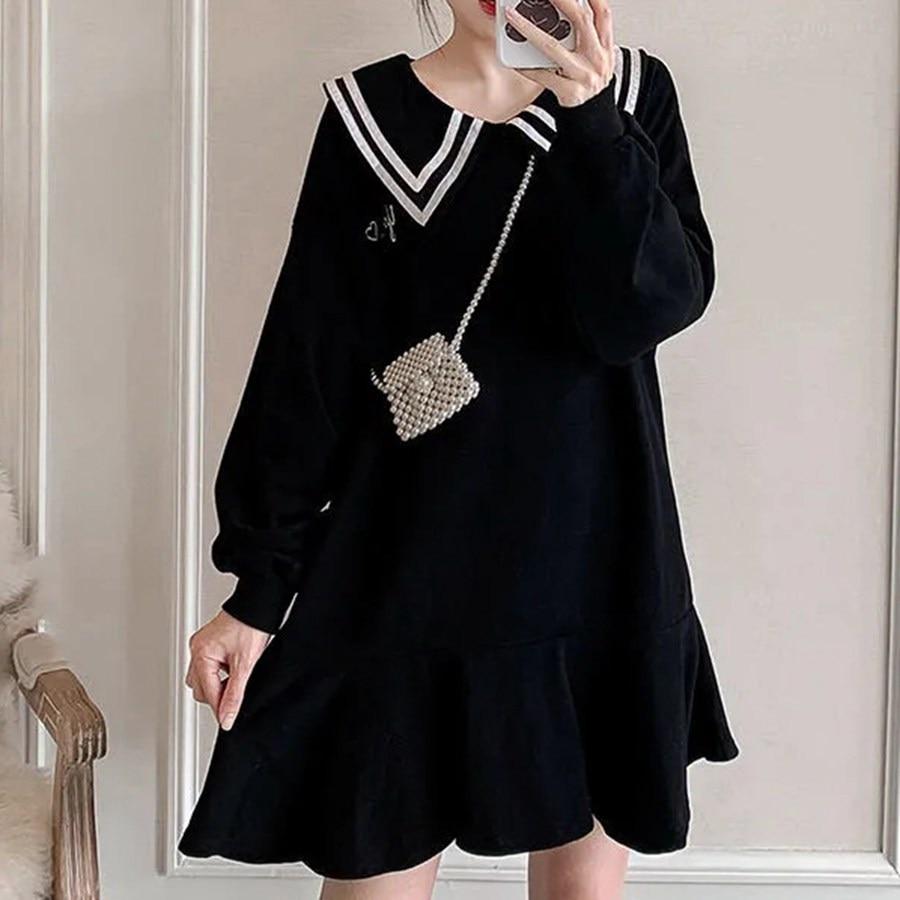 Plus Size 6XL150KG Women Black Dress Sailor Collar Long Sleeve Large Dresses For Ladies Casual Loose Dress
