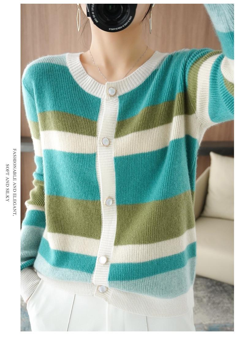 LHZSYY Women's 100% Pure Wool Color-blocking Round neckline With Spring and Autumn Striped loose Cardigan Cashmere Sweater