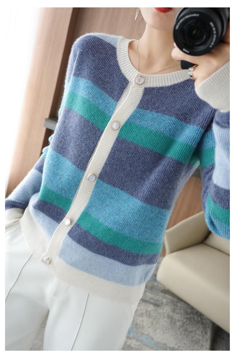 LHZSYY Women's 100% Pure Wool Color-blocking Round neckline With Spring and Autumn Striped loose Cardigan Cashmere Sweater