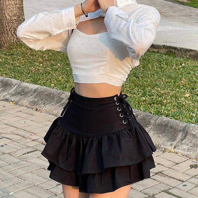AltGirl Streetwear Mall Goth Skirt Women Harajuku Y2k E-girl High Waist Bandage Mini Skirt Dark Gothic Punk Emo Alt Club Wear