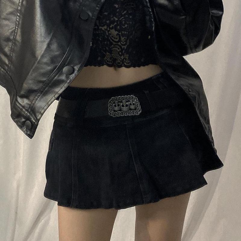 AltGirl Harajuku Y2k Denim Skirt Women Dark Gothic Streetwear Mini Skirt with Skull Belt Mall Goth Punk Grunge Sexy Emo Clubwear