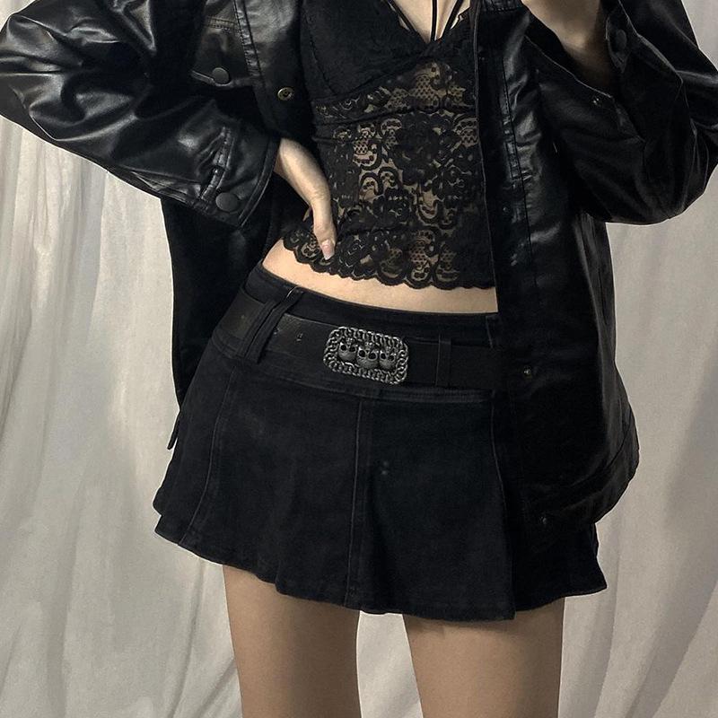 AltGirl Harajuku Y2k Denim Skirt Women Dark Gothic Streetwear Mini Skirt with Skull Belt Mall Goth Punk Grunge Sexy Emo Clubwear