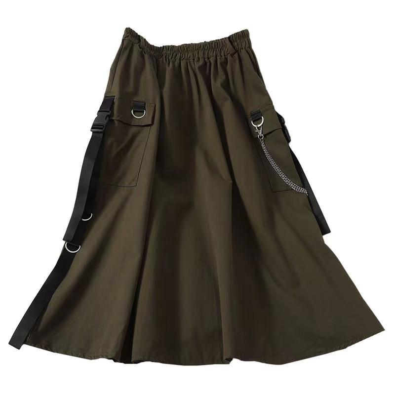 Gothic High Waist Cargo Skirts Woman Harajuku 2021 Loose A-line Pocket Midi Long Black Skirt Hip Hop Fashion Streetwear OverSize