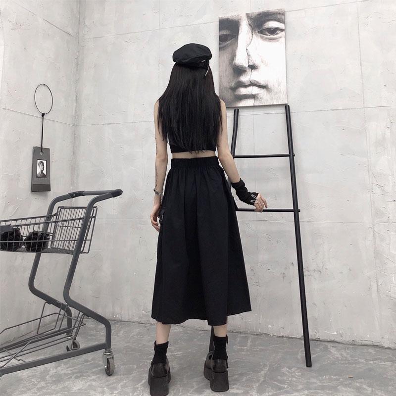 Gothic High Waist Cargo Skirts Woman Harajuku 2021 Loose A-line Pocket Midi Long Black Skirt Hip Hop Fashion Streetwear OverSize