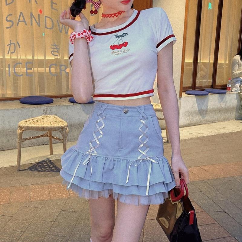 Japanese Kawaii Mini Skirt Women Summer Casual Designer Elegant Lolita Sexy Skirt High Waist Lace Bandage Y2k Sweet Skirt 2021