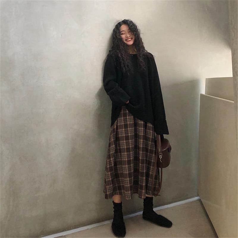 New Japanese Harajuku Autumn Winter Women Midi Skirt High Waist Plaid Female Saias Korean Ulzzang Streetwear Elegant Long Skirts
