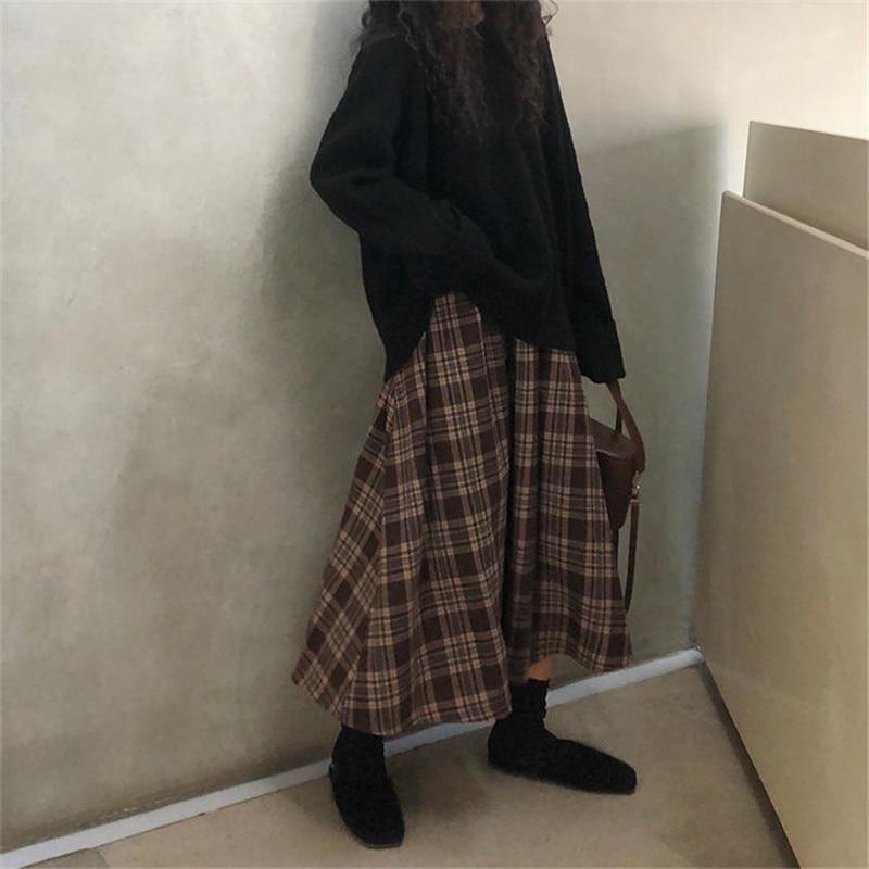 New Japanese Harajuku Autumn Winter Women Midi Skirt High Waist Plaid Female Saias Korean Ulzzang Streetwear Elegant Long Skirts