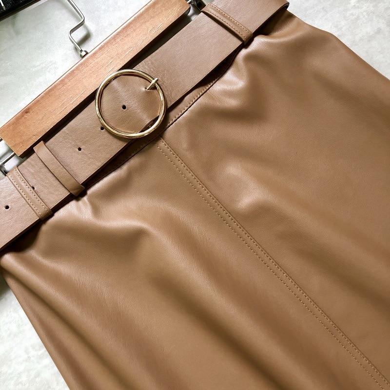 REALEFT 2021 New Autumn Winter PU-leather mi-long Skirt with Belt High Waist Vintage A-line Skirt Chic Mid-calf Umbrella Skirts