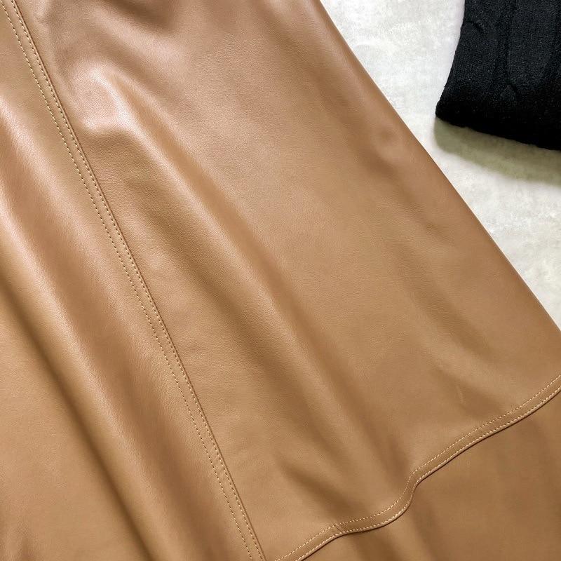 REALEFT 2021 New Autumn Winter PU-leather mi-long Skirt with Belt High Waist Vintage A-line Skirt Chic Mid-calf Umbrella Skirts