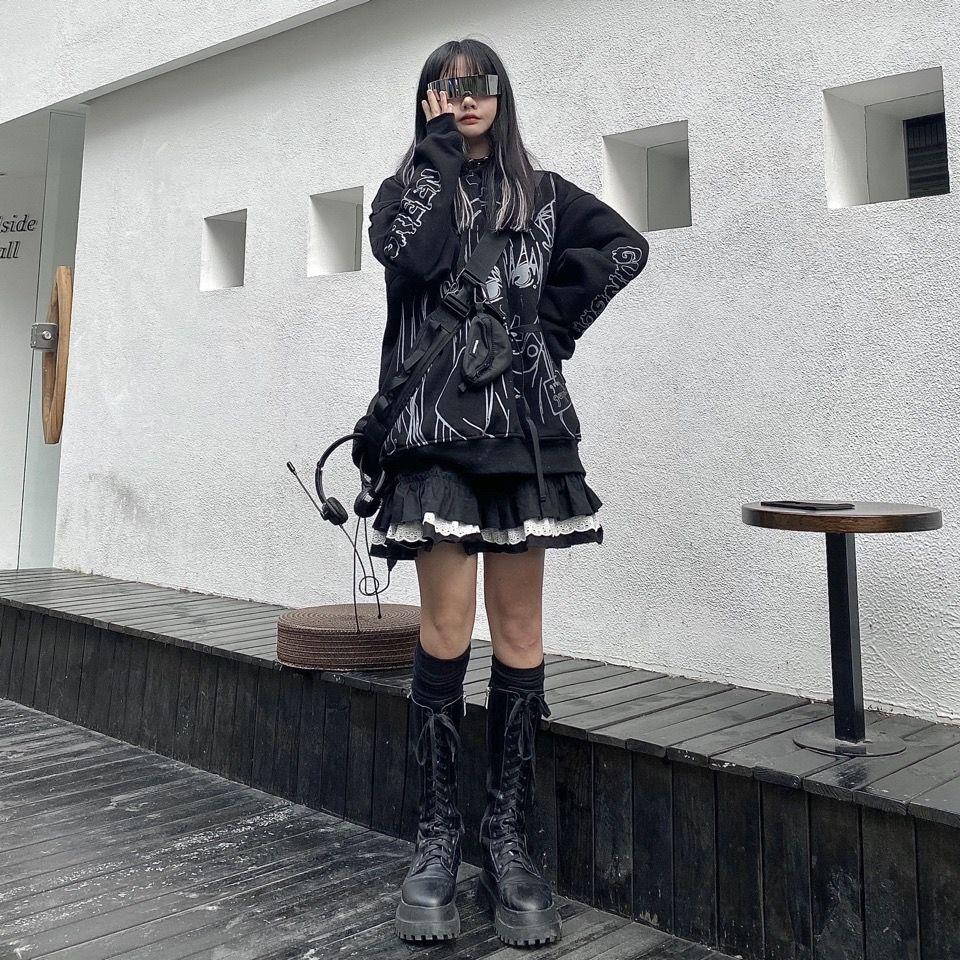 HOUZHOU Mall Goth Gothic Lace Ruffle Mini Skirts Womens Harajuku Fairy Grunge Black Pleated Skirt Japanese Kawaii Streetwear