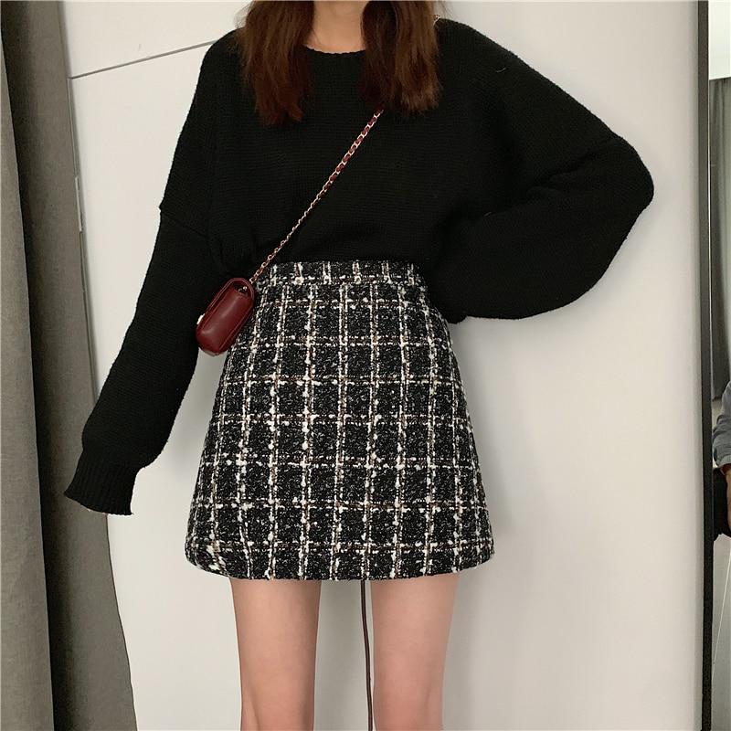 Flectit Fall Winter Plaid Wool Skirt Womens Plus Size Thick Woolen Glitter Tweed Mini Skirt Saia Feminina