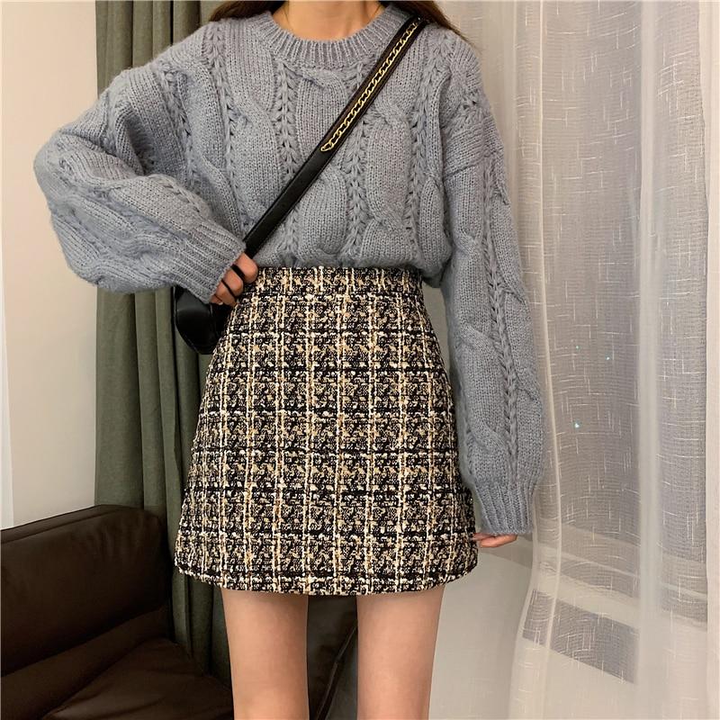 Flectit Fall Winter Plaid Wool Skirt Womens Plus Size Thick Woolen Glitter Tweed Mini Skirt Saia Feminina