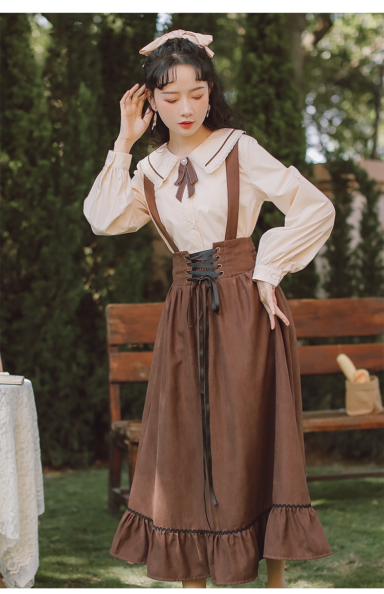 Qiukichonson Spring Summer Women Long Midi Suspender Skirt Teen Girls Preppy Style Cute Lace-Up High Waist Ruffle A-Line Skirts