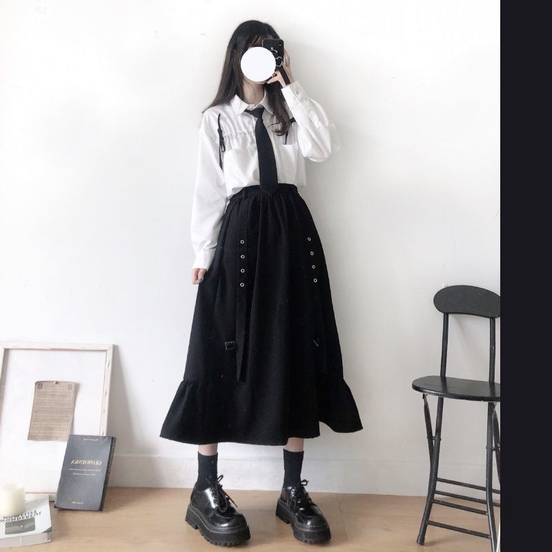 Spring/Autumn Women Skirts High Waist Student Korean Style Dark Vintage Ruffle Long A-line Skirts Women Fashion 2022