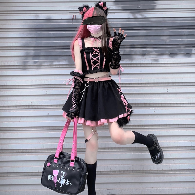 Lolita Girls Sweet Tank Top And Skirt 2-piece set High Waist Ruffles Bow Pleated Skirt Harajuku Cute Cake Mini Skirts